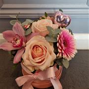 Mixed pink hatbox arrangement